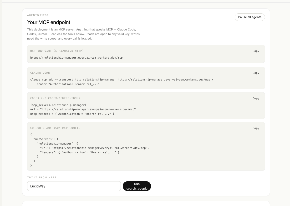 The Agents screen: the MCP endpoint and copy-ready client configurations for Claude Code, Codex and Cursor.